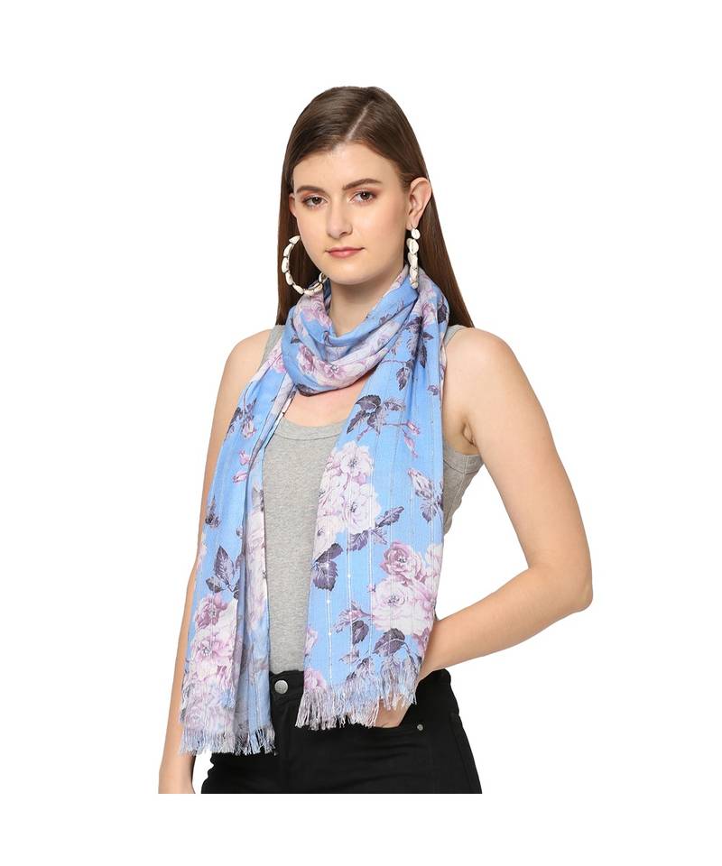 Blue Sequins Floral Printed Scarf