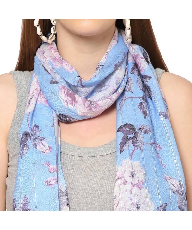 Blue Sequins Floral Printed Scarf