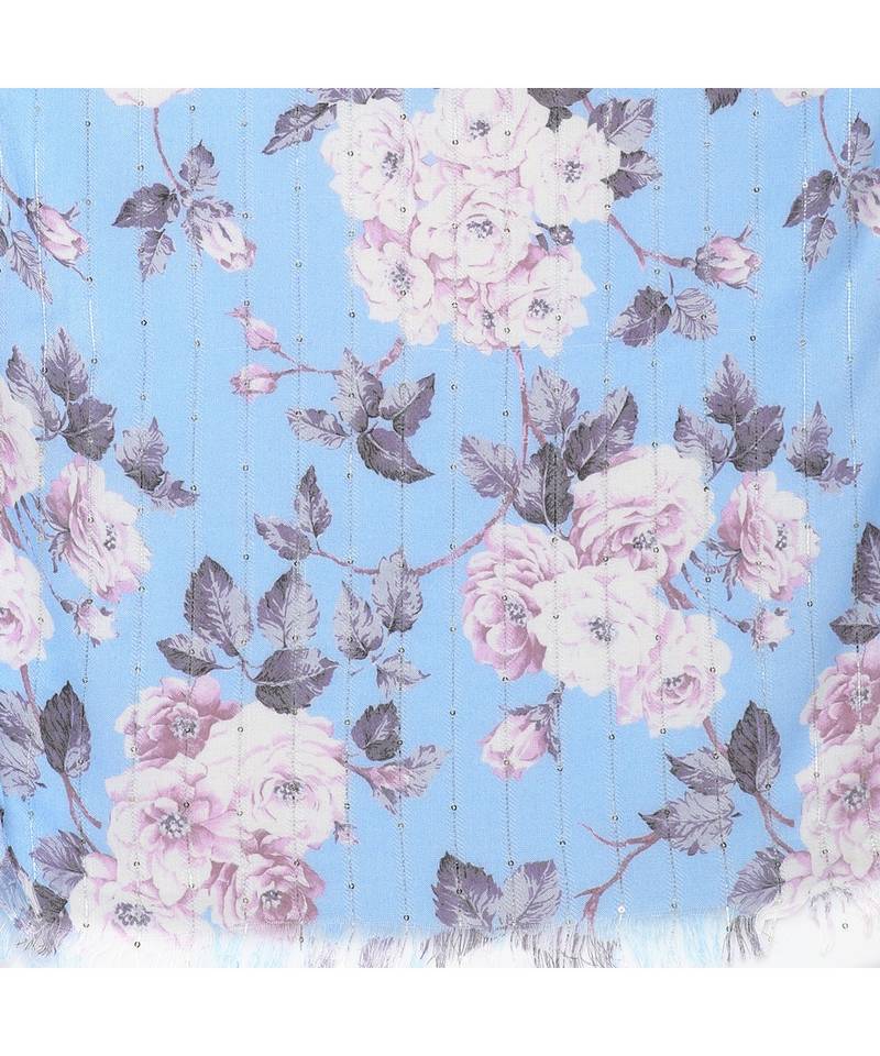 Blue Sequins Floral Printed Scarf