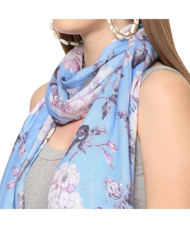 Blue Sequins Floral Printed Scarf
