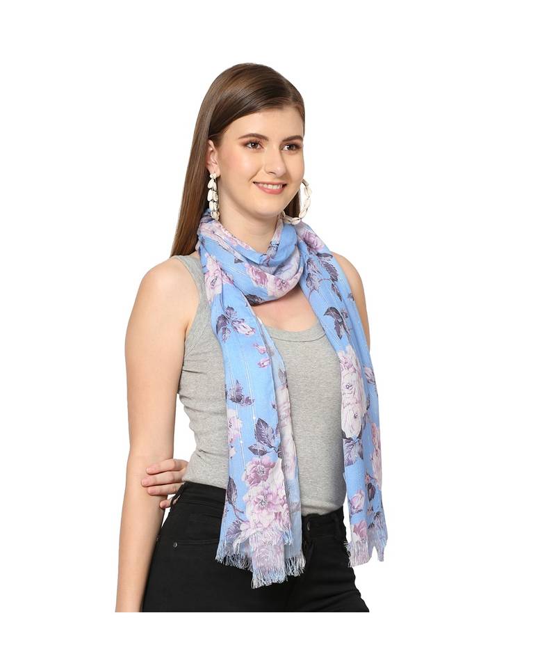 Blue Sequins Floral Printed Scarf
