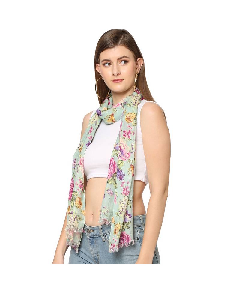 Teal Sequins Floral Printed Scarf