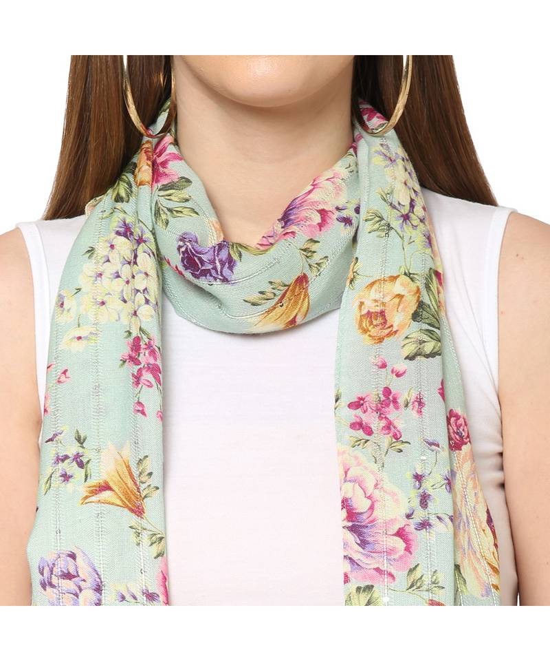 Teal Sequins Floral Printed Scarf