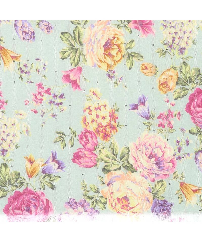 Teal Sequins Floral Printed Scarf