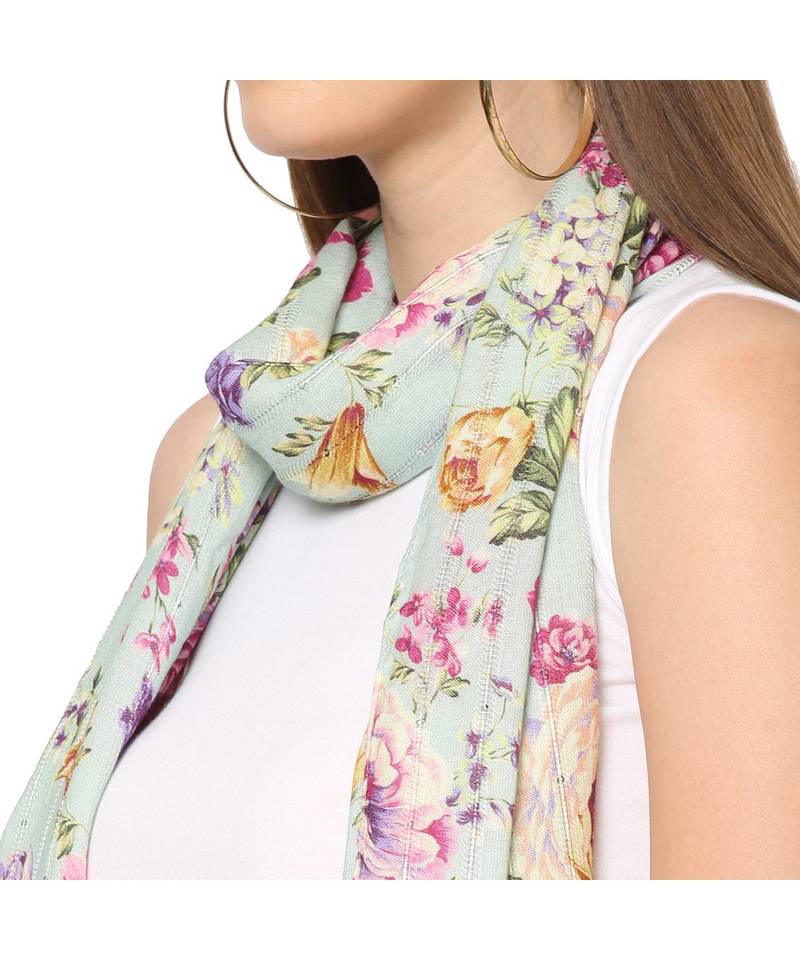 Teal Sequins Floral Printed Scarf
