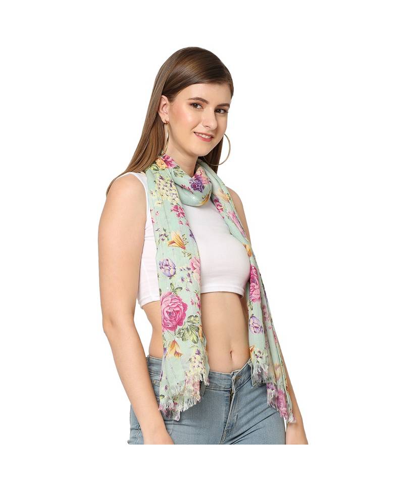 Teal Sequins Floral Printed Scarf