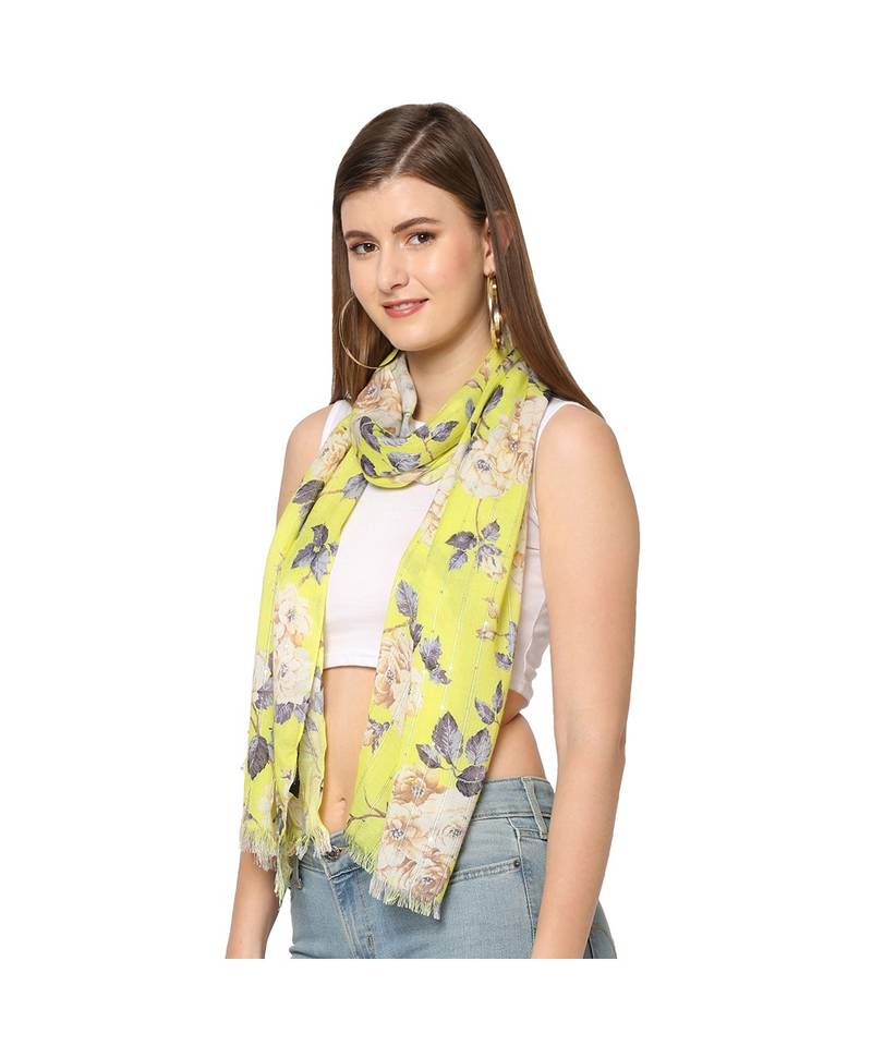 Yellow Sequins Floral Printed Scarf