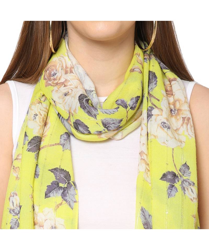 Yellow Sequins Floral Printed Scarf