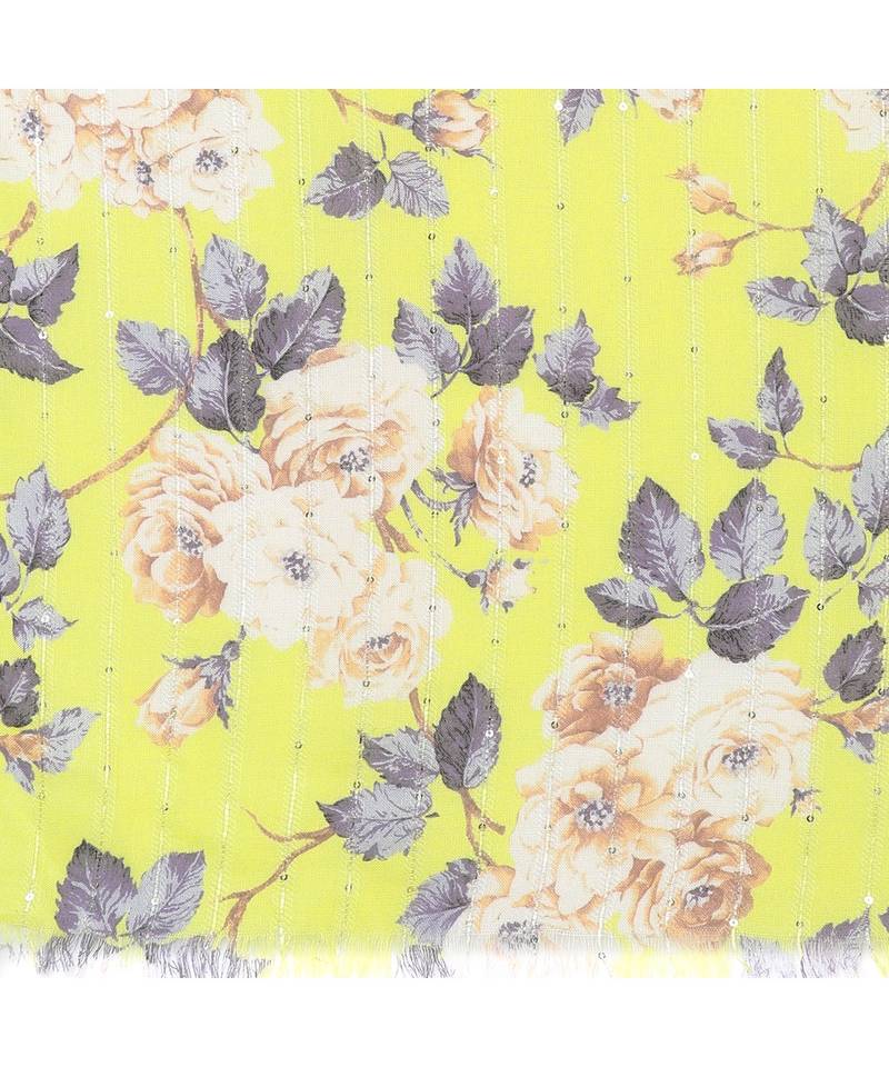 Yellow Sequins Floral Printed Scarf