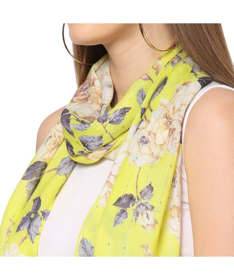 Yellow Sequins Floral Printed Scarf