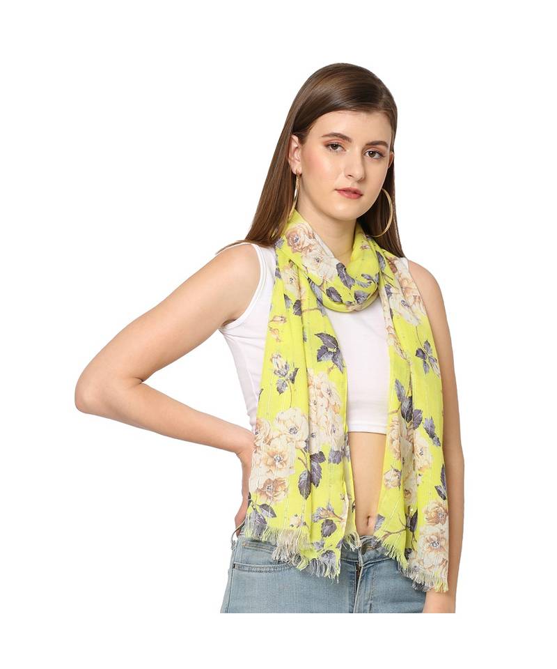 Yellow Sequins Floral Printed Scarf