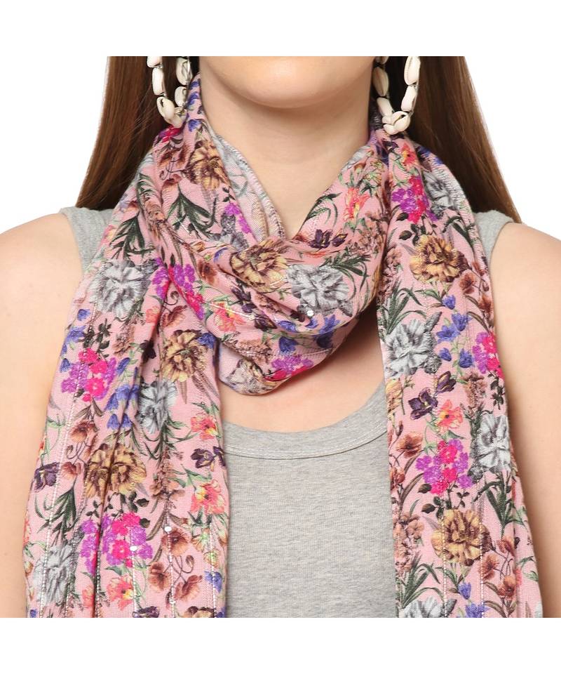 Baby Pink Sequins Floral Printed Scarf