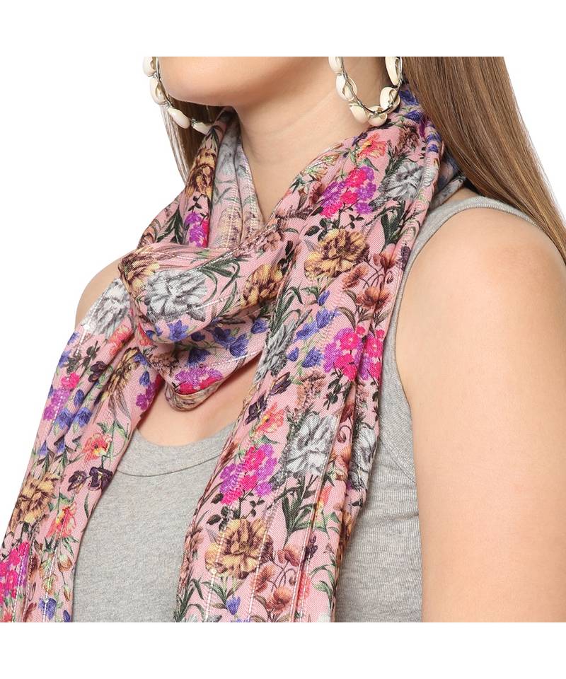 Baby Pink Sequins Floral Printed Scarf