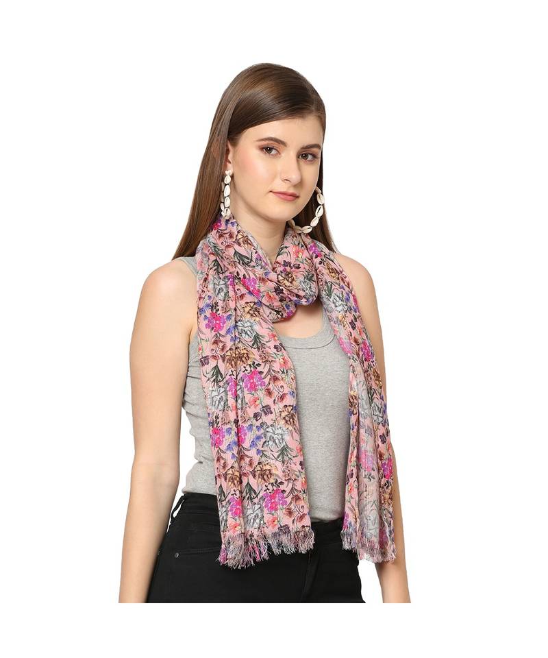 Baby Pink Sequins Floral Printed Scarf