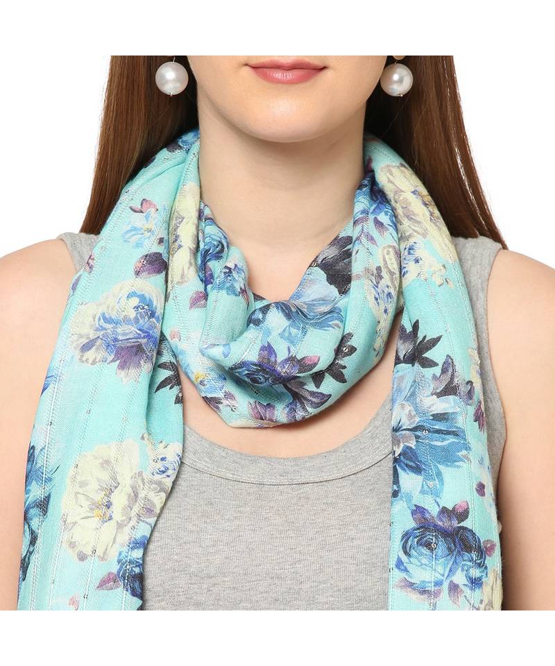 Green Sequins Floral printed Scarf