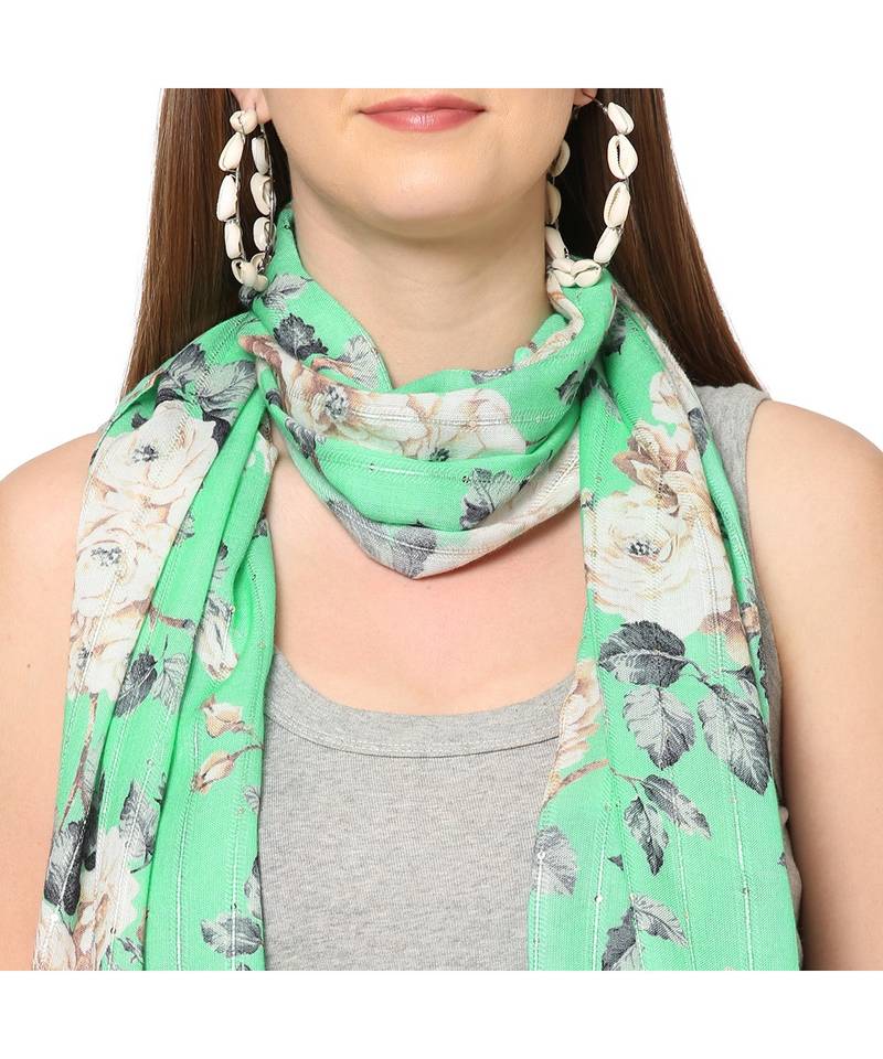 Green Sequins Floral printed Scarf