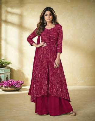 Dark-red embroidered faux georgette salwar 1