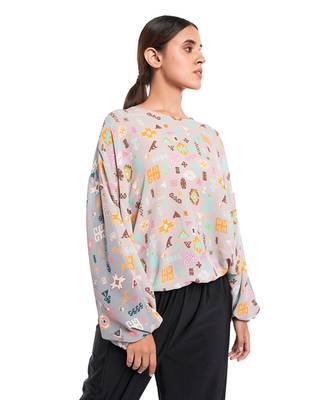 PS Pret by Payal Singhal Lavender Orange and Grey Colour Printed Georgette Top with Drawstring Details 2
