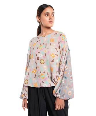 PS Pret by Payal Singhal Lavender Orange and Grey Colour Printed Georgette Top with Drawstring Details 3