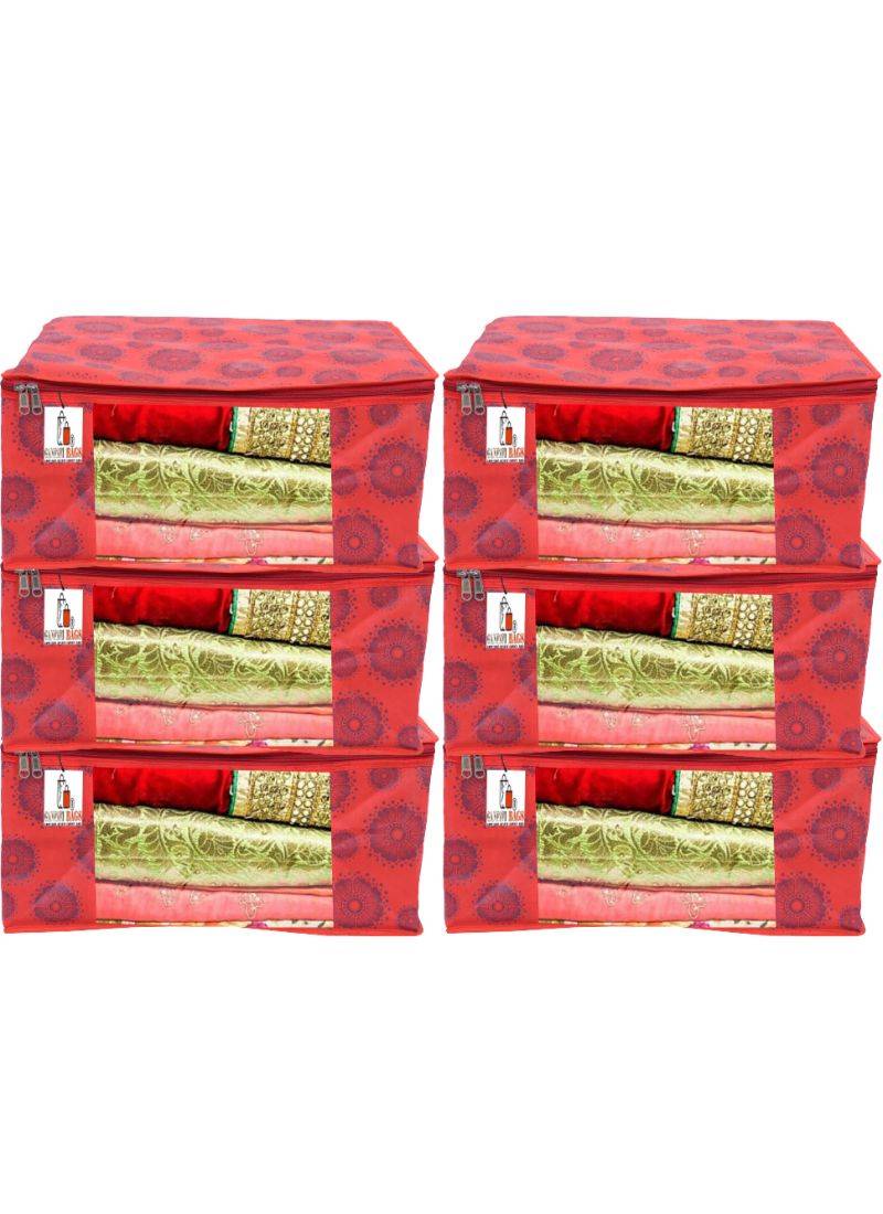 RED Flower Design 6 Piece Non Woven Fabric Saree Cover Set Transparent Window Extra Large RED