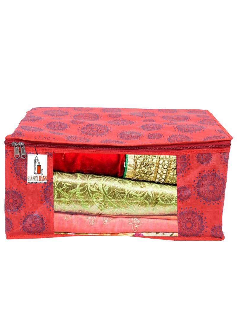 RED Flower Design 6 Piece Non Woven Fabric Saree Cover Set Transparent Window Extra Large RED
