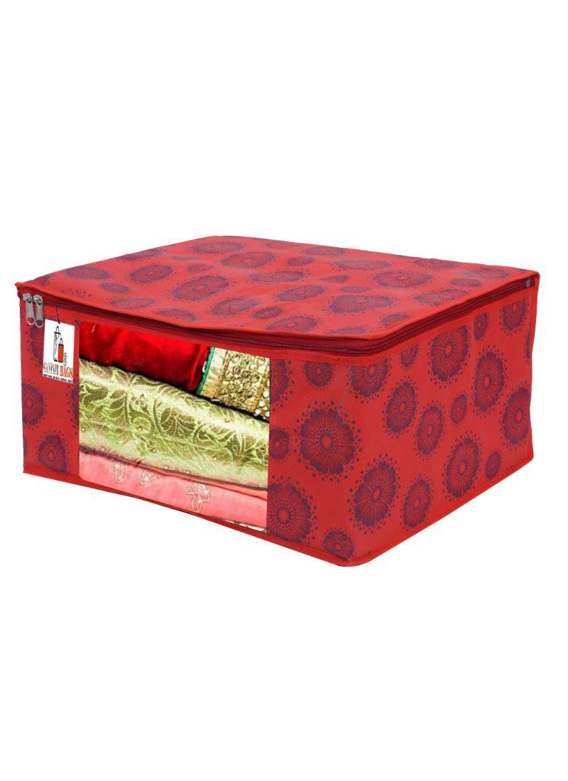 RED Flower Design 6 Piece Non Woven Fabric Saree Cover Set Transparent Window Extra Large RED