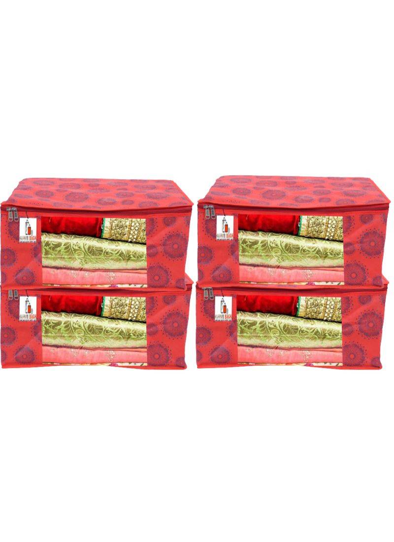 RED Flower Design 4 Piece Non Woven Fabric Saree Cover Set Transparent Window Extra Large RED
