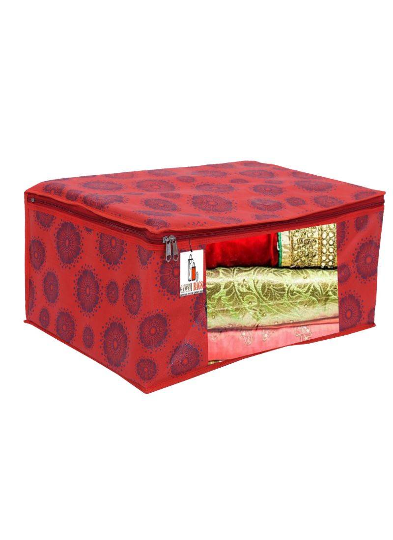 RED Flower Design 4 Piece Non Woven Fabric Saree Cover Set Transparent Window Extra Large RED