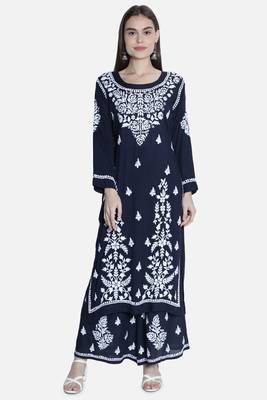 Seva Chikan Hand Embroidered Navy Blue Cotton Blend Lucknow Chikankari Women Kurta Set 1