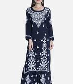 Seva Chikan Hand Embroidered Navy Blue Cotton Blend Lucknow Chikankari Women Kurta Set