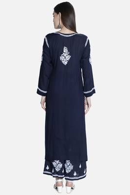 Seva Chikan Hand Embroidered Navy Blue Cotton Blend Lucknow Chikankari Women Kurta Set 2