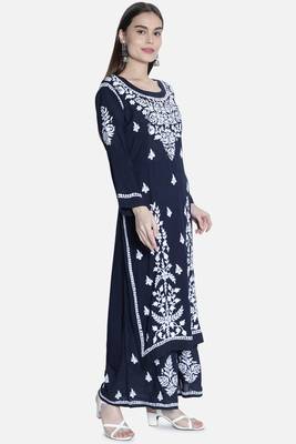 Seva Chikan Hand Embroidered Navy Blue Cotton Blend Lucknow Chikankari Women Kurta Set 3