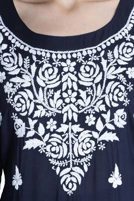 Seva Chikan Hand Embroidered Navy Blue Cotton Blend Lucknow Chikankari Women Kurta Set 4