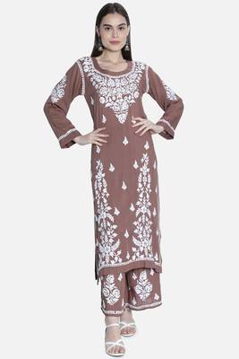 Seva Chikan Hand Embroidered Brown Cotton Blend Lucknow Chikankari Women Kurta Set 1
