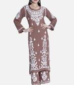 Seva Chikan Hand Embroidered Brown Cotton Blend Lucknow Chikankari Women Kurta Set