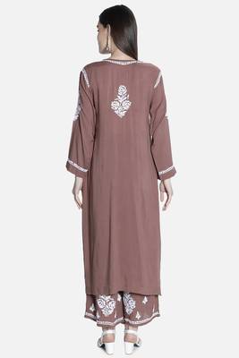Seva Chikan Hand Embroidered Brown Cotton Blend Lucknow Chikankari Women Kurta Set 2