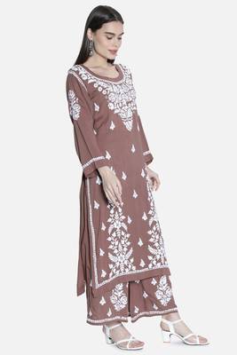 Seva Chikan Hand Embroidered Brown Cotton Blend Lucknow Chikankari Women Kurta Set 3