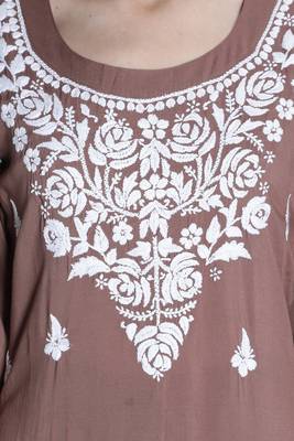 Seva Chikan Hand Embroidered Brown Cotton Blend Lucknow Chikankari Women Kurta Set 4