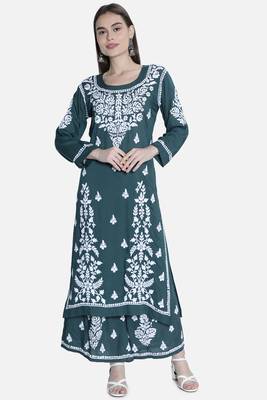 Hand Embroidered Dark Green Cotton Blend Lucknow Chikankari Women Kurta Set 1