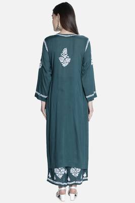 Hand Embroidered Dark Green Cotton Blend Lucknow Chikankari Women Kurta Set 2