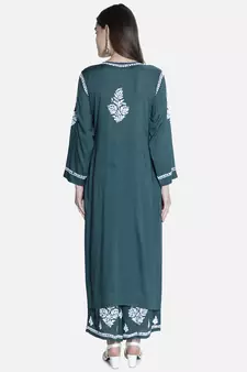 Hand Embroidered Dark Green Cotton Blend Lucknow Chikankari Women Kurta Set