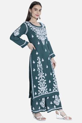 Hand Embroidered Dark Green Cotton Blend Lucknow Chikankari Women Kurta Set 3