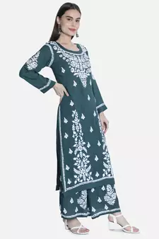 Hand Embroidered Dark Green Cotton Blend Lucknow Chikankari Women Kurta Set