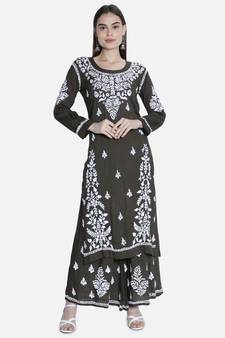 Hand Embroidered Army Green Cotton Blend Lucknow Chikankari Women Kurta Set