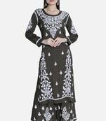Hand Embroidered Army Green Cotton Blend Lucknow Chikankari Women Kurta Set