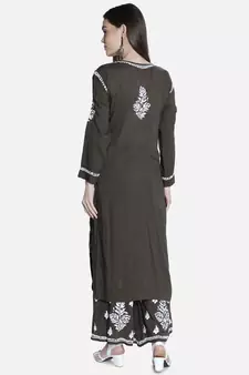 Hand Embroidered Army Green Cotton Blend Lucknow Chikankari Women Kurta Set