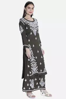 Hand Embroidered Army Green Cotton Blend Lucknow Chikankari Women Kurta Set