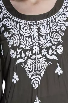 Hand Embroidered Army Green Cotton Blend Lucknow Chikankari Women Kurta Set