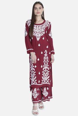 Hand Embroidered Maroon Cotton Blend Lucknow Chikankari Women Kurta Set 1