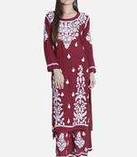 Hand Embroidered Maroon Cotton Blend Lucknow Chikankari Women Kurta Set